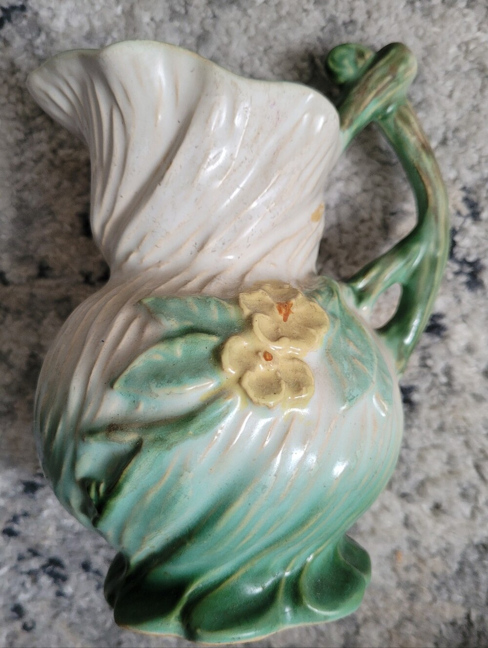 Majolica-Style Vintage Weller Ceramic Pitcher in Cream and Green